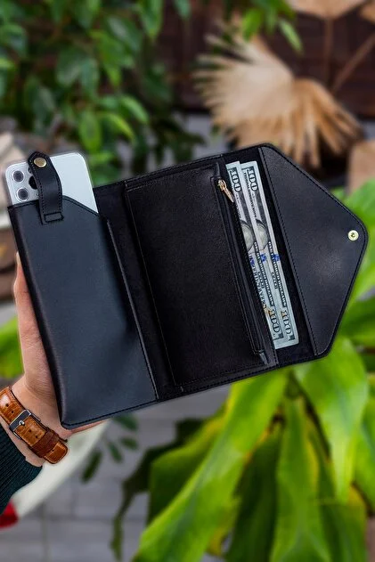 Envelope Telefon Ve Bozuk Para Bölmeli Zarf Model Siyah Kadın Cüzdan
